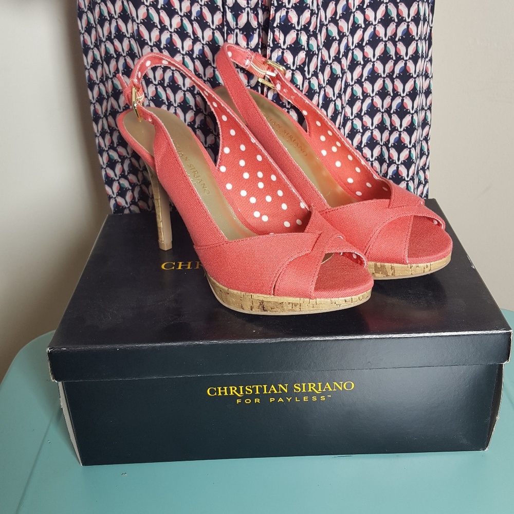 Christian Siriano Coral Peep Toe Slingback Heels Cork Platform Pumps 6.5 NIB